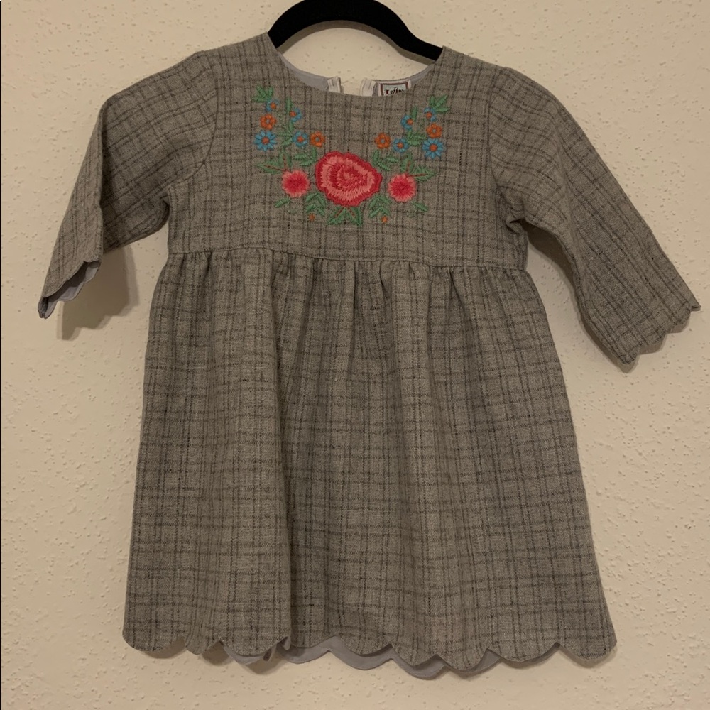 Cotton kids Gray Plaid Dress with Floral Embroidery